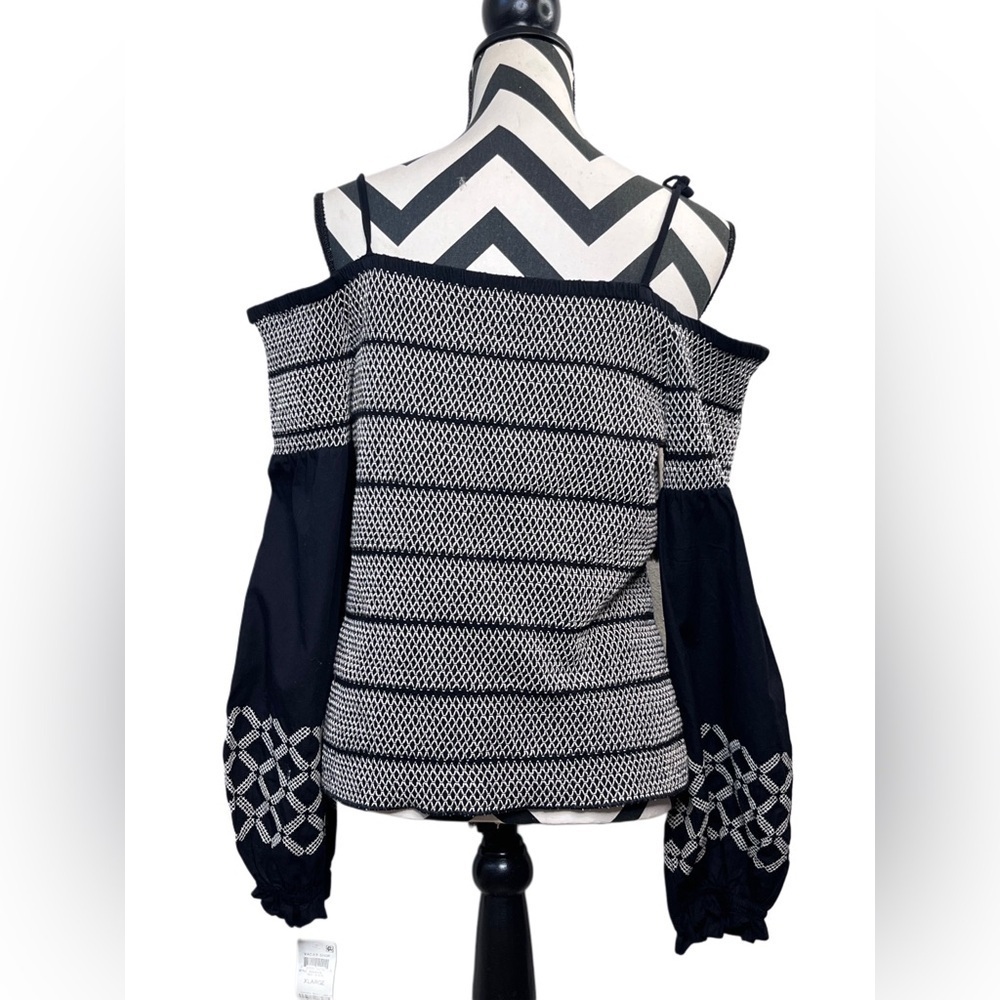 NWT INC Boho Sz XL Embroidered Puff-Sleeve Tassel Off Shoulder Smocked Blouse - Picture 2 of 14